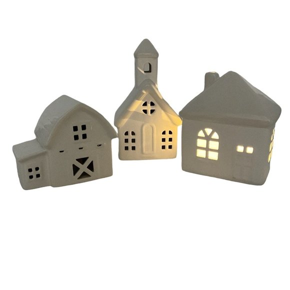NEW Becki Owens Ceramic Illuminated Christmas Village, Set of 3 All White - Picture 1 of 16